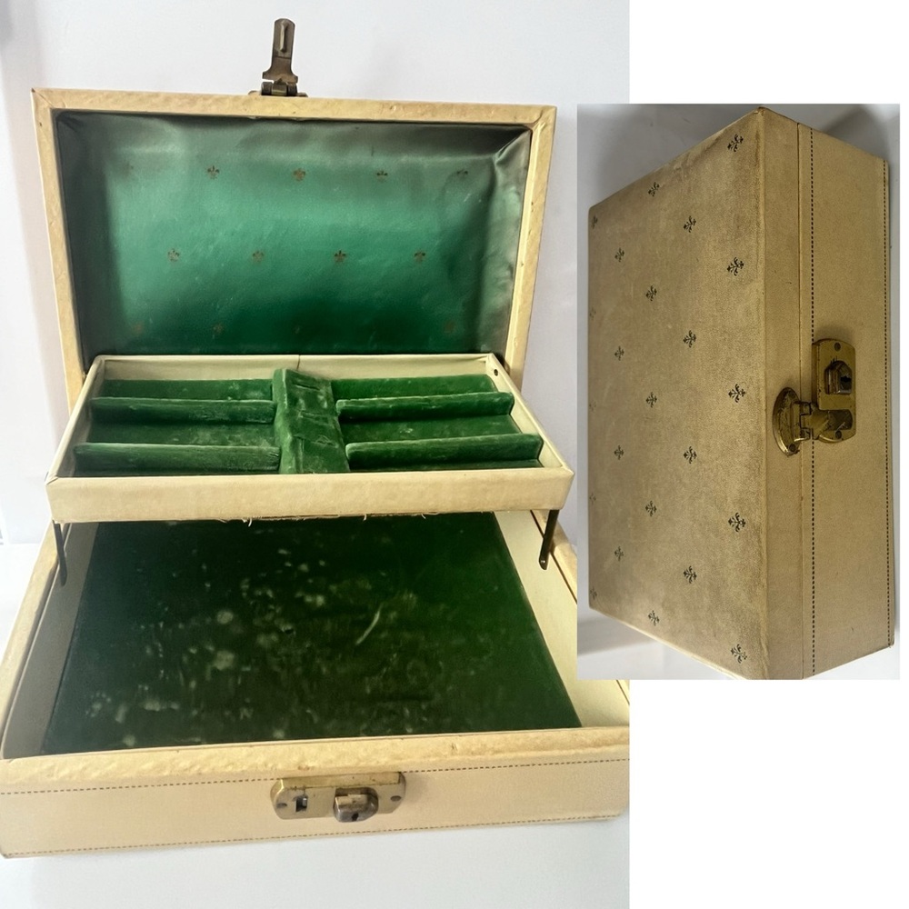 MELE vintage mid-century cream and gold fleur de lis jewelry box